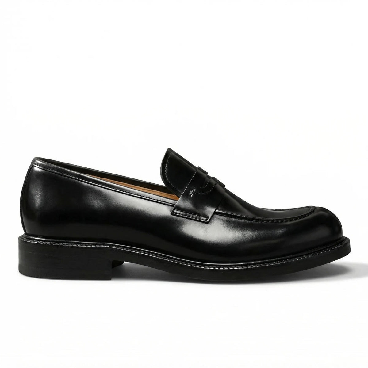 Black leather penny loafer dress shoe with low heel on white background