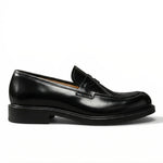 Load image into Gallery viewer, Black leather penny loafer dress shoe with low heel on white background