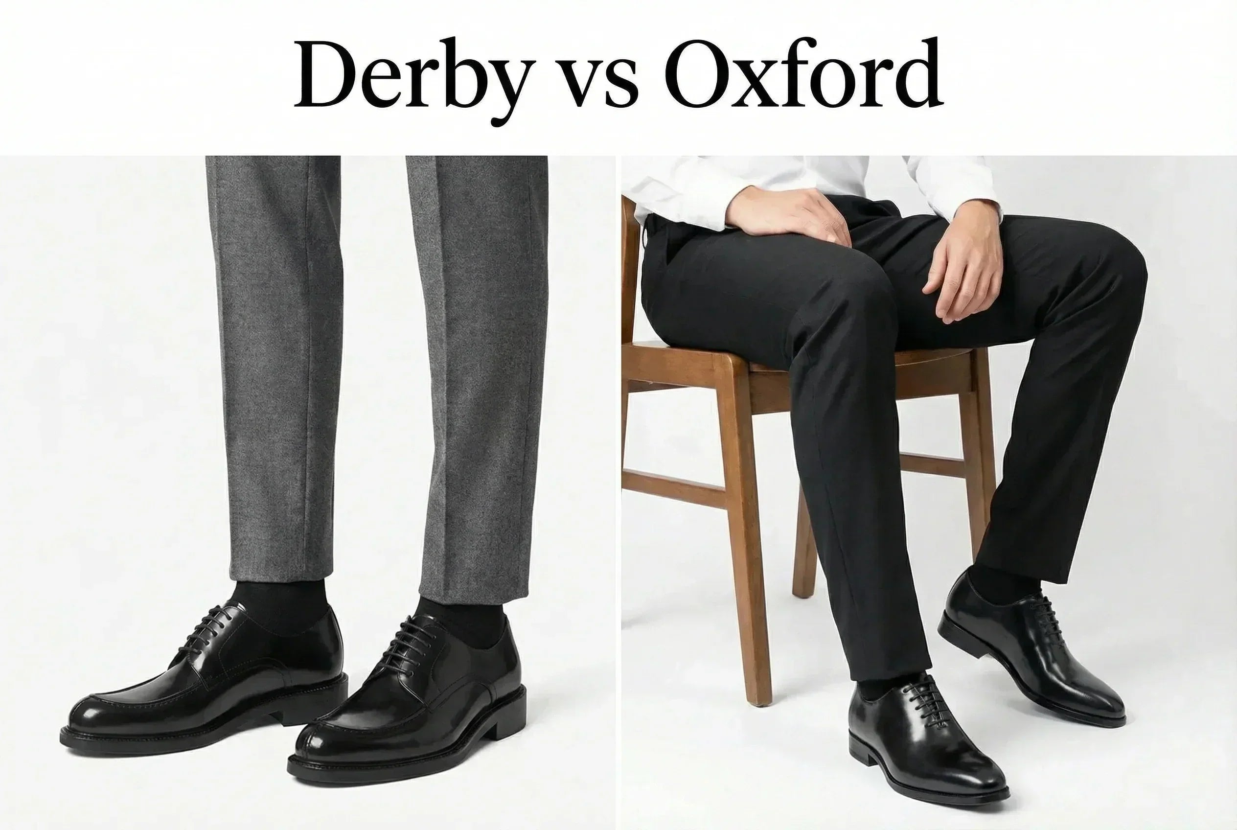 Image of a derby shoe and an oxford shoe with the caption: Derby vs Oxford