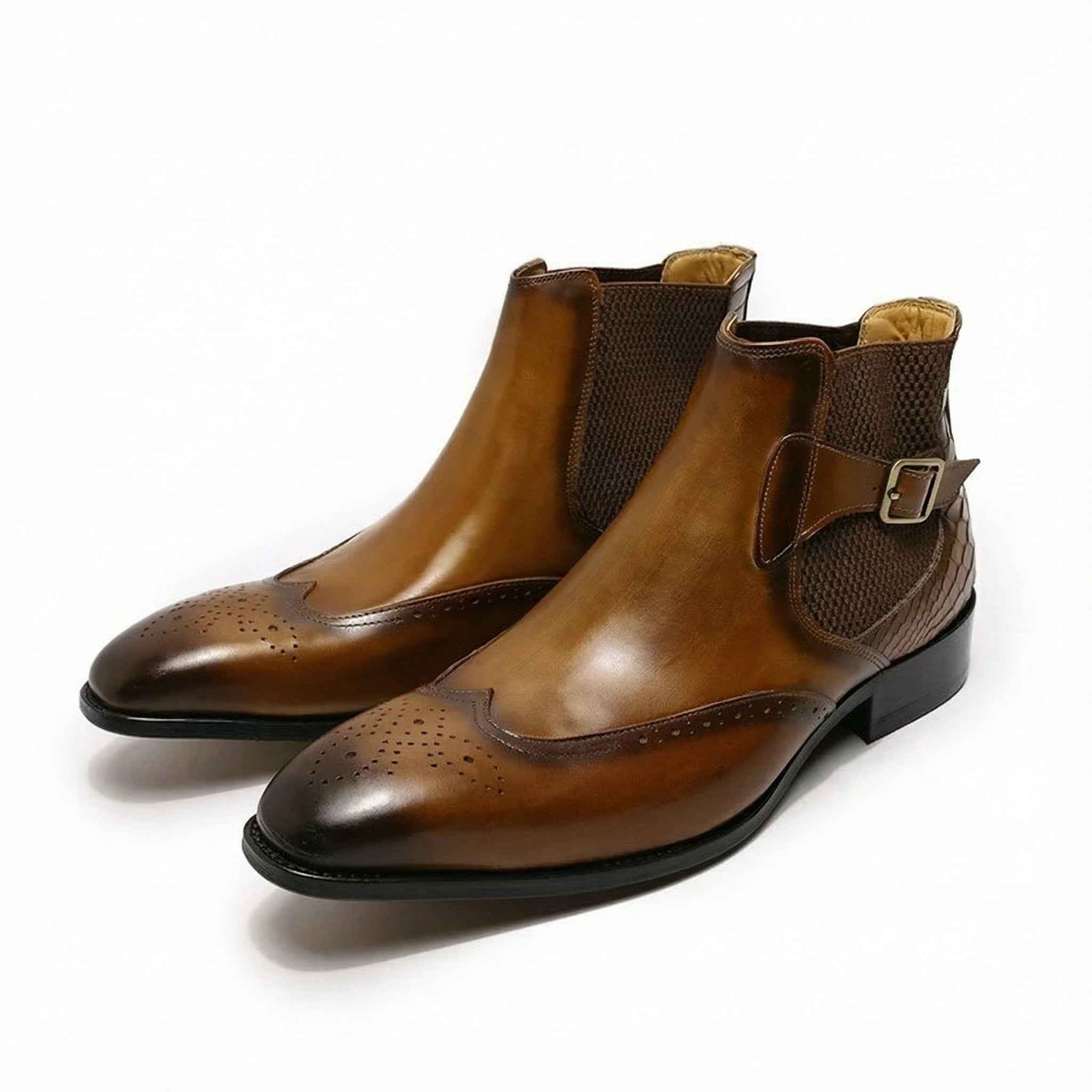 Cuiren Chelsea Monk Strap Brogue Boot - Brown