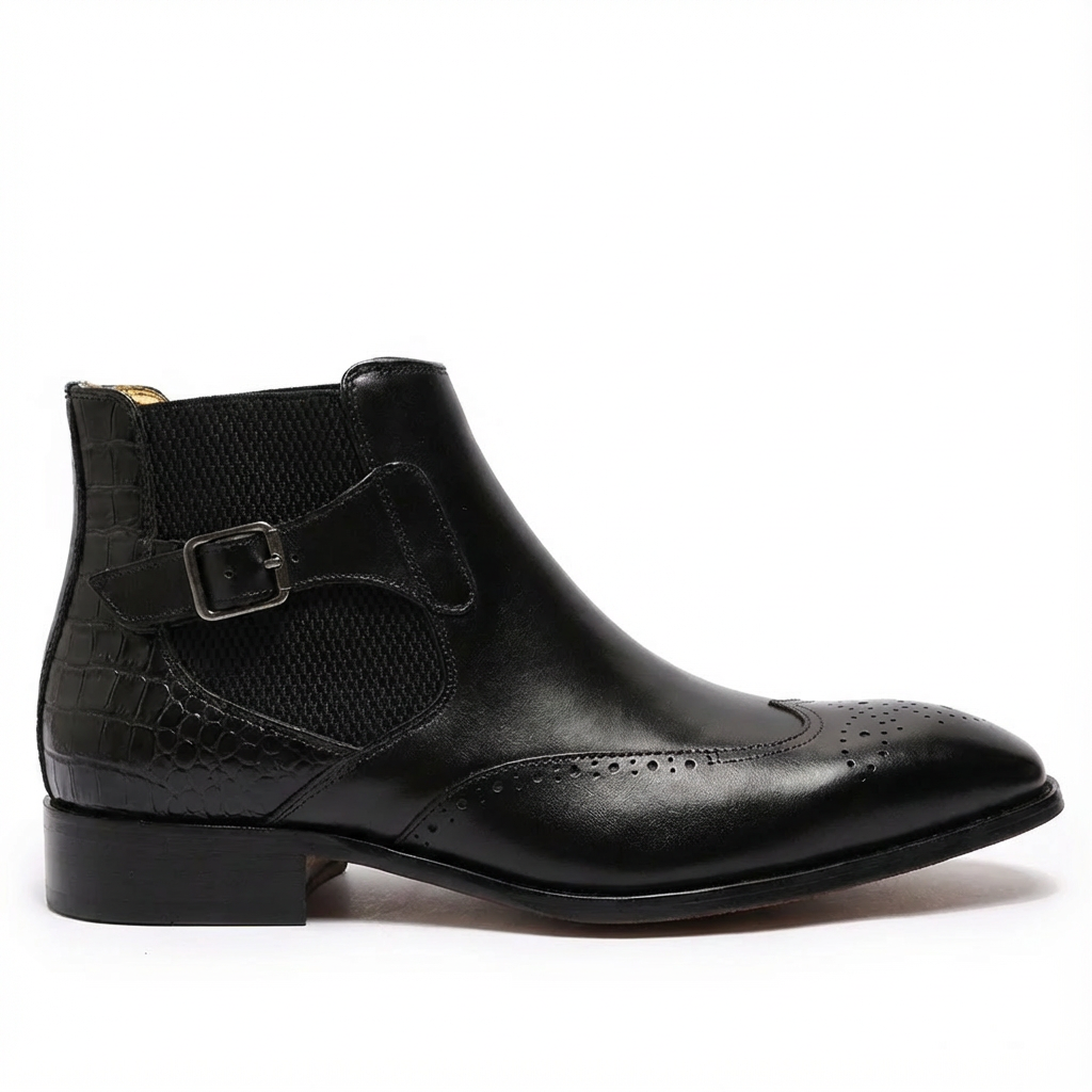 Cuiren Chelsea Monk Strap Brogue Boot - Black