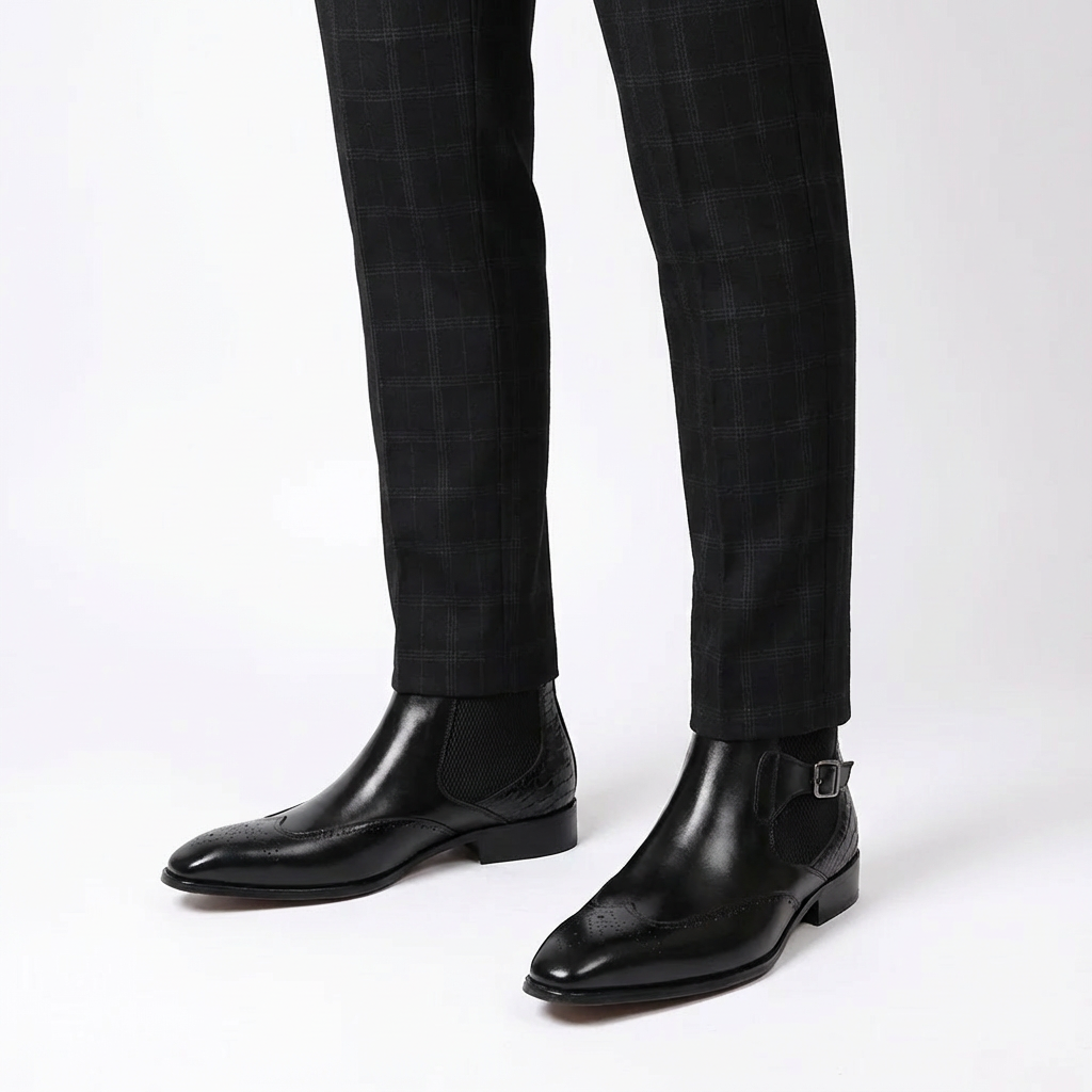 Cuiren Chelsea Monk Strap Brogue Boot - Black