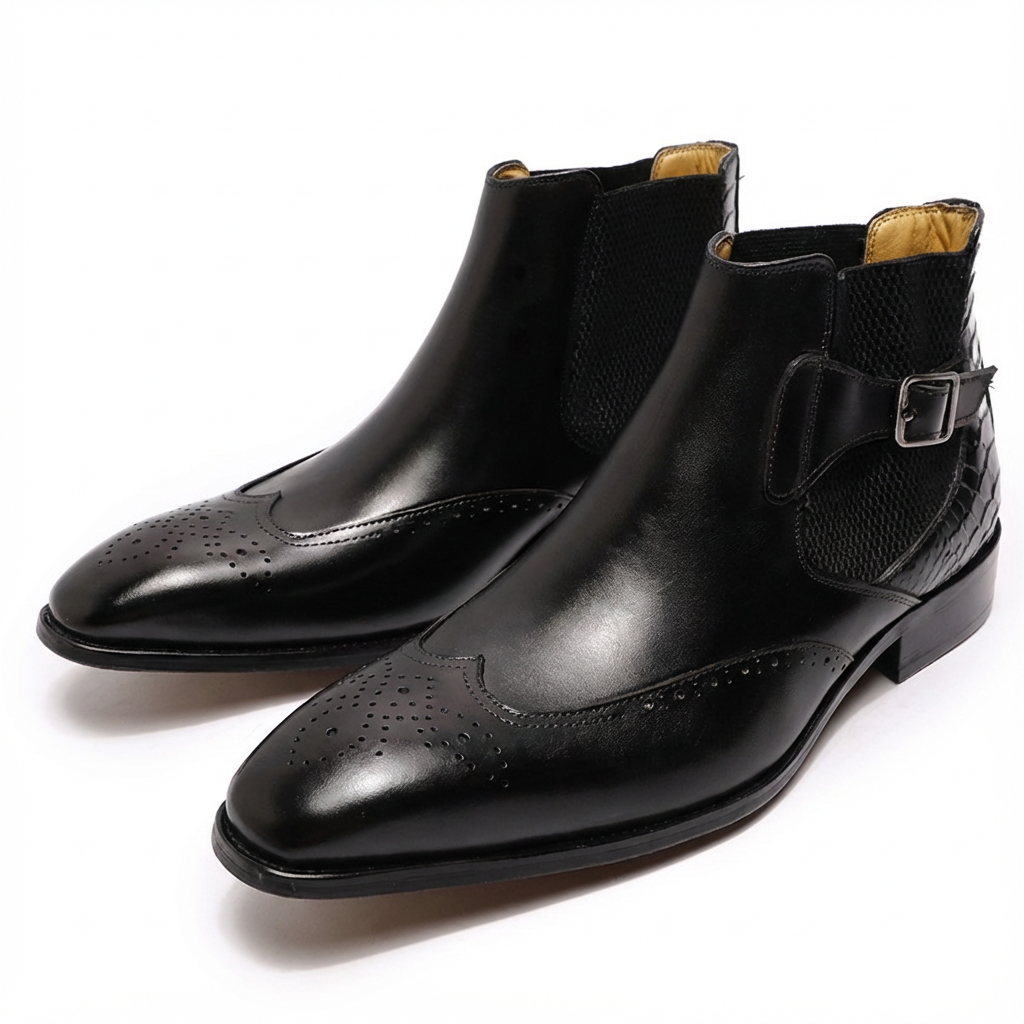 Cuiren Chelsea Monk Strap Brogue Boot - Black