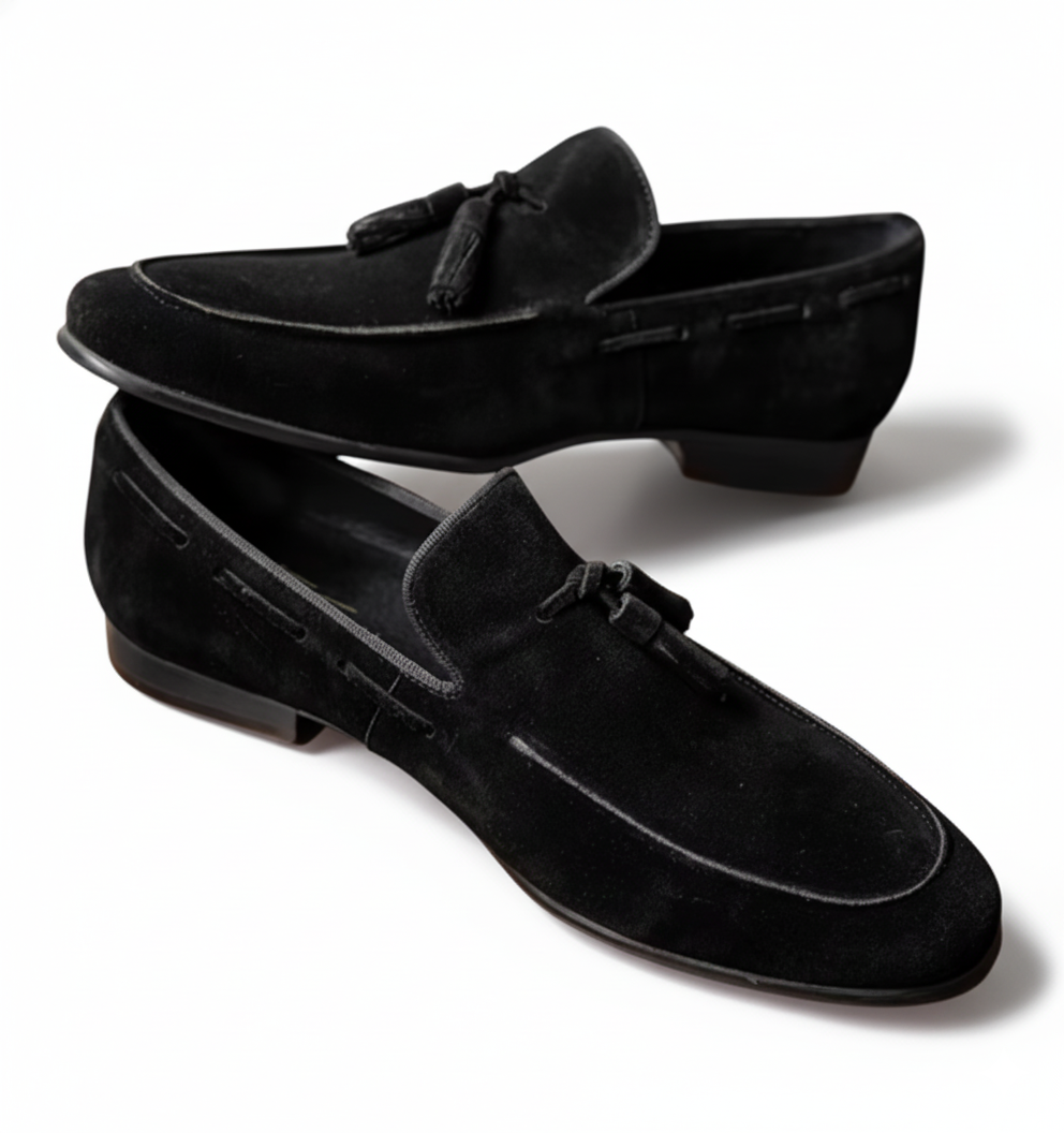 Handcrafted Velano Suede Leather Loafers - Black