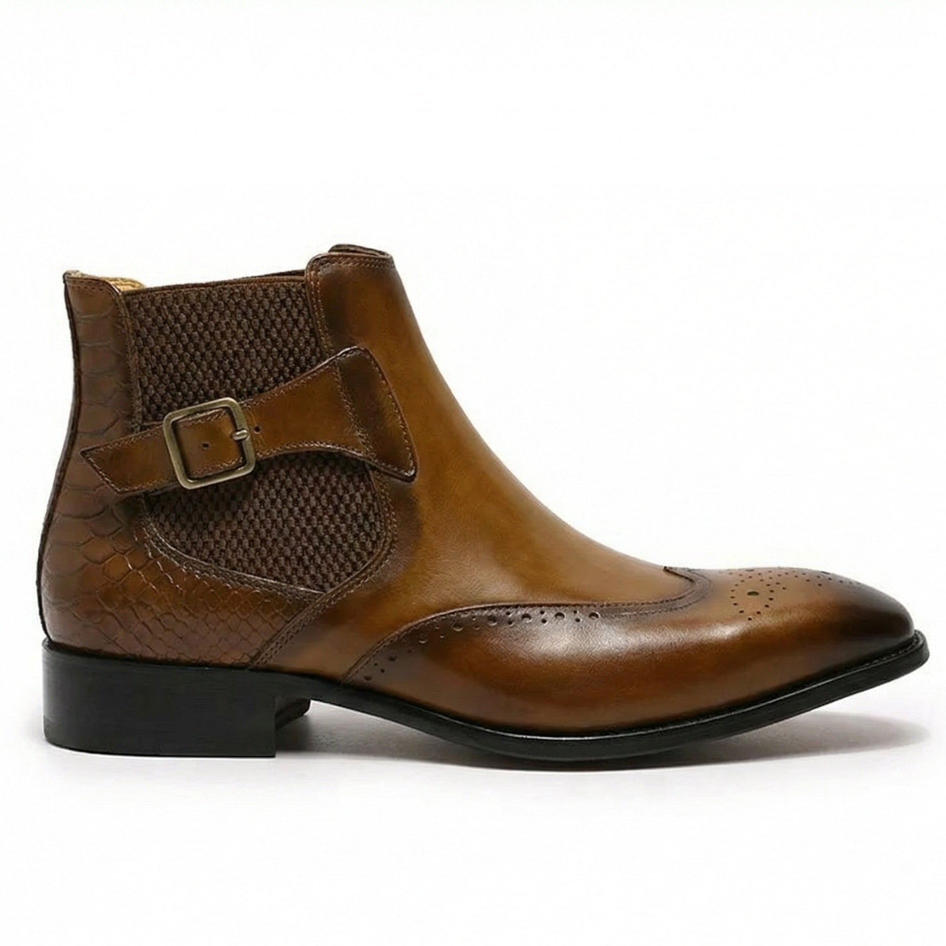 Cuiren Chelsea Monk Strap Brogue Boot - Brown