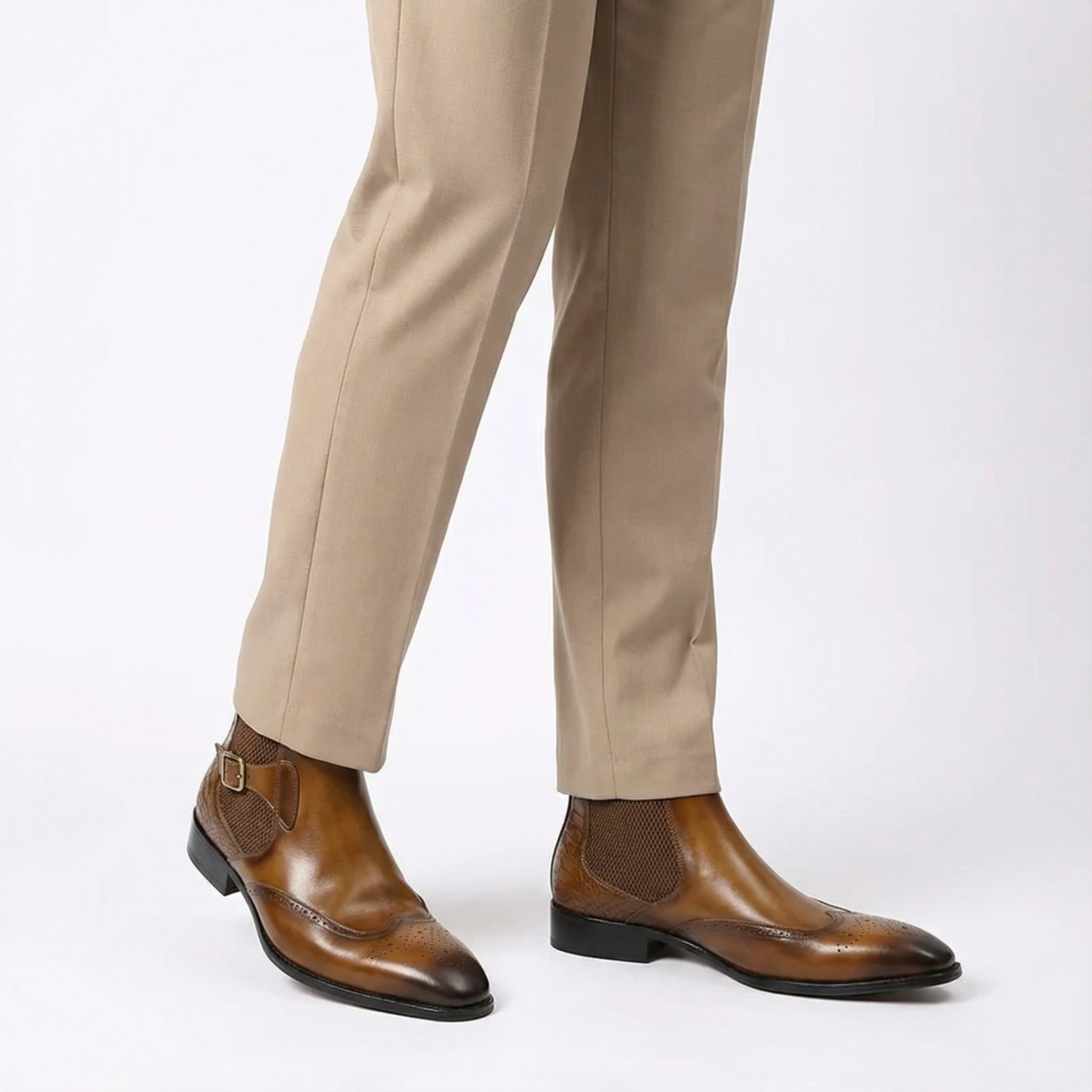 Cuiren Chelsea Monk Strap Brogue Boot - Brown