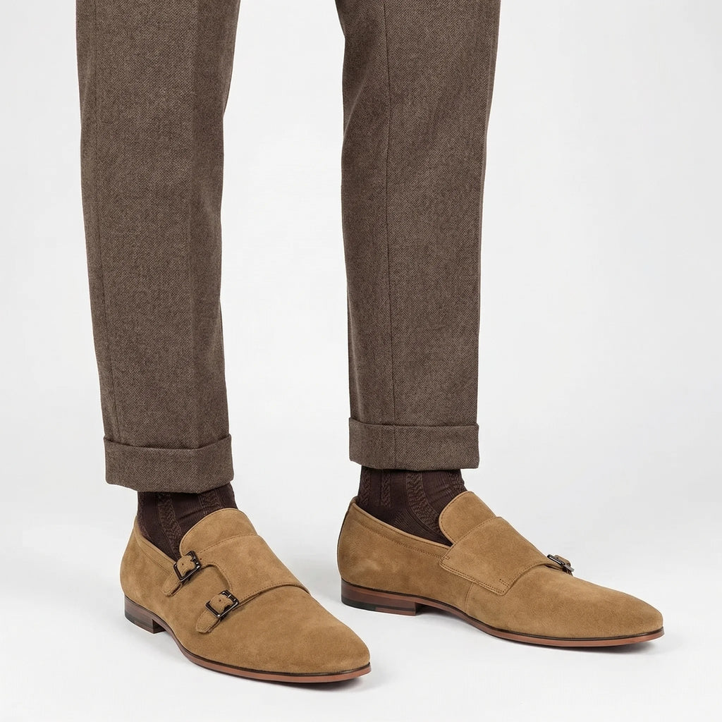 Sabbia Suede Loafer Double Monk Strap - Camel