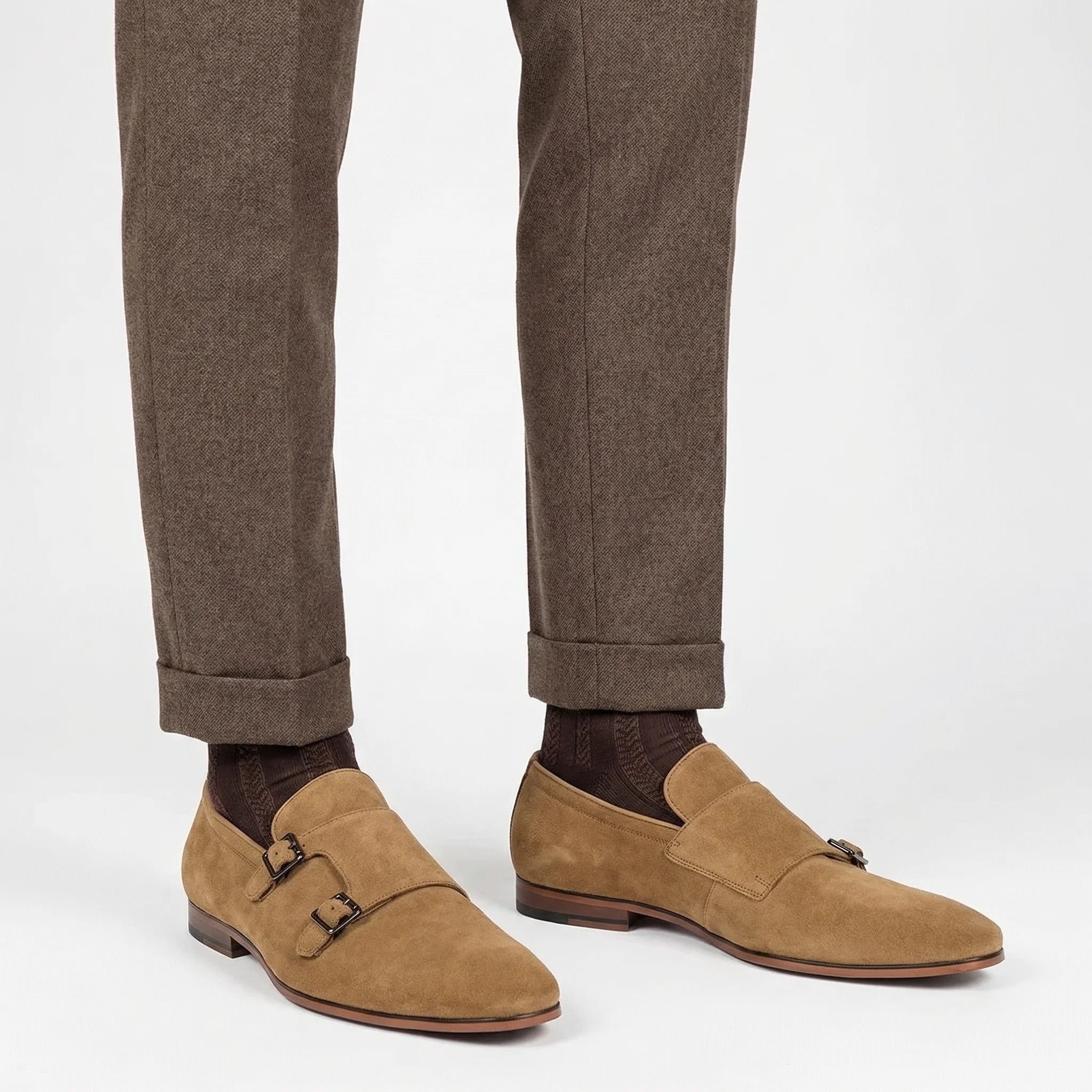 Sabbia Suede Loafer Double Monk Strap - Camel