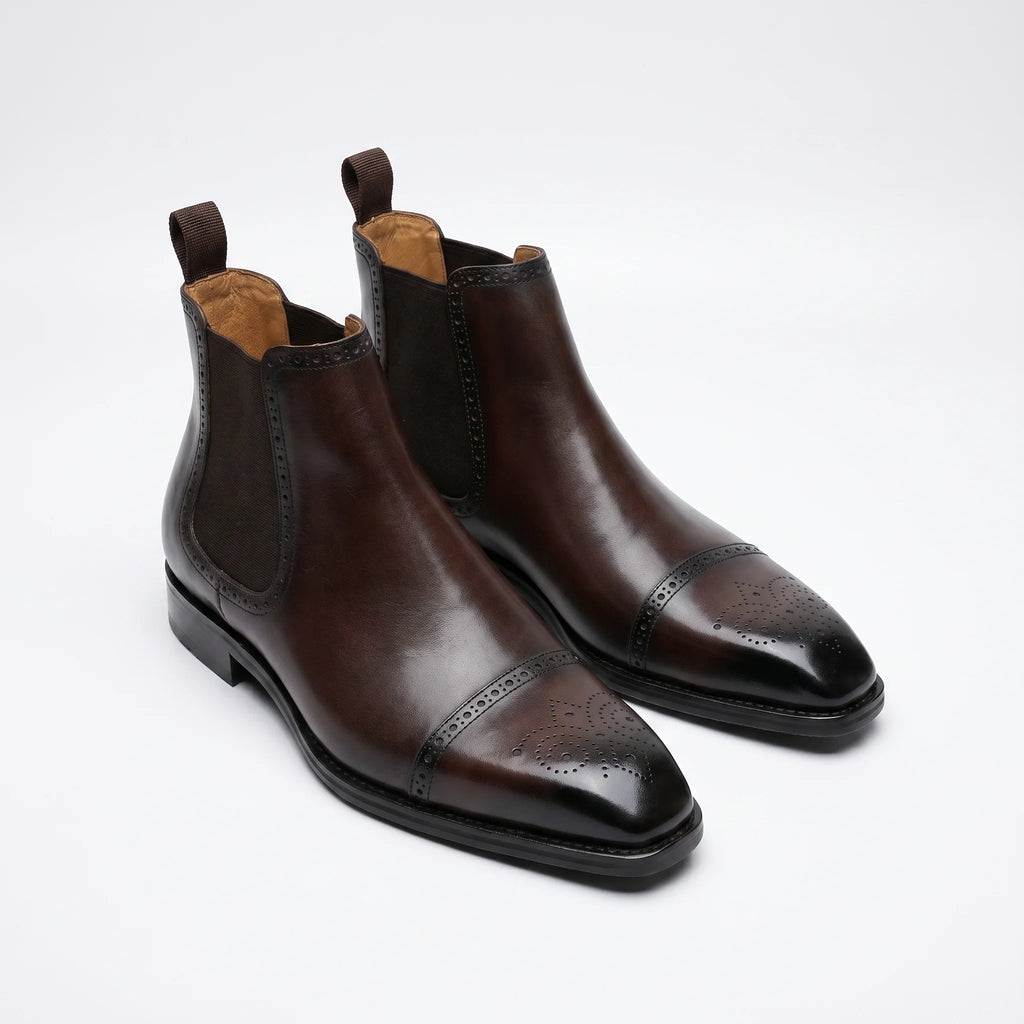 Lorvain Chelsea Brogue Cap-Toe Boot - Coffee