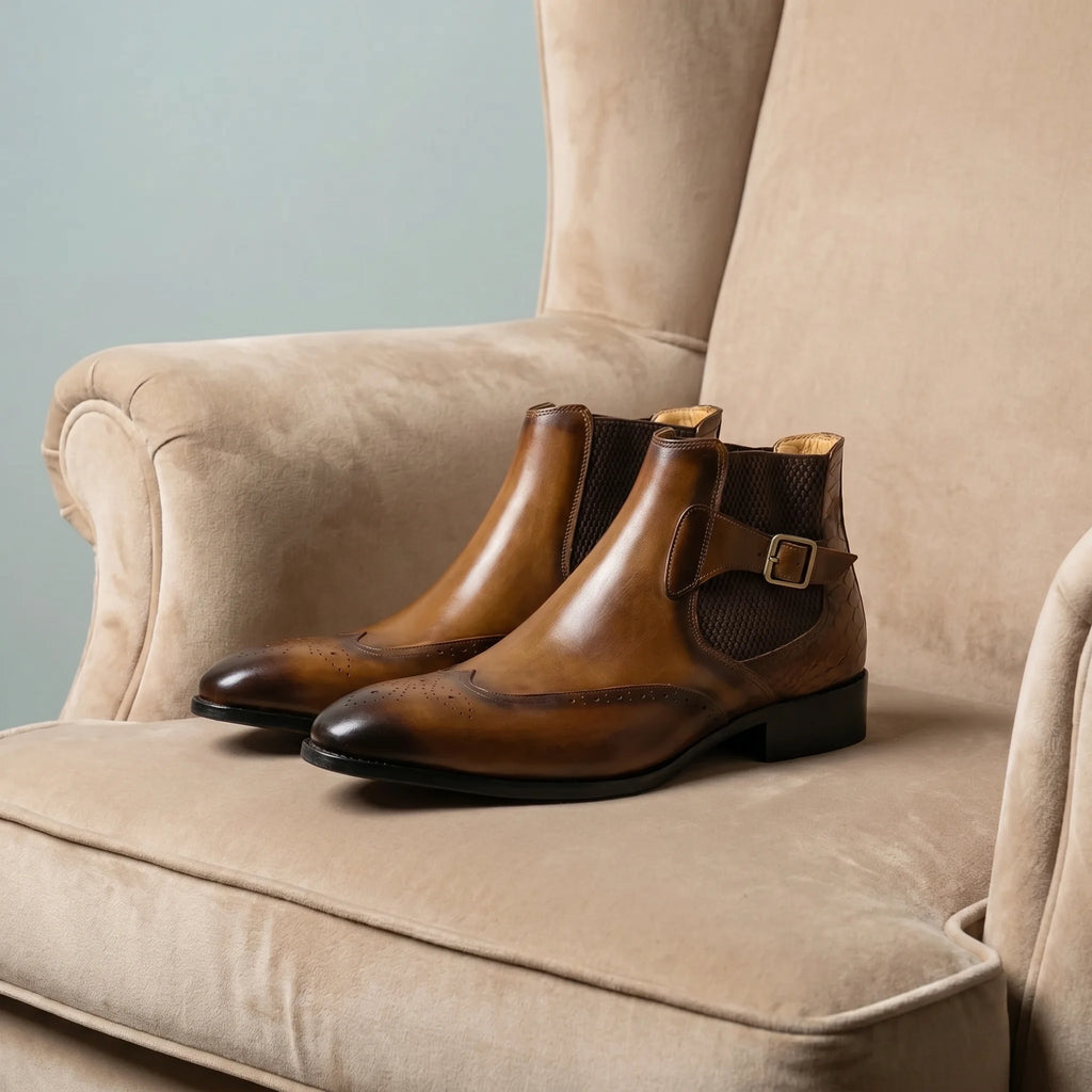Cuiren Chelsea Monk Strap Brogue Boot - Brown