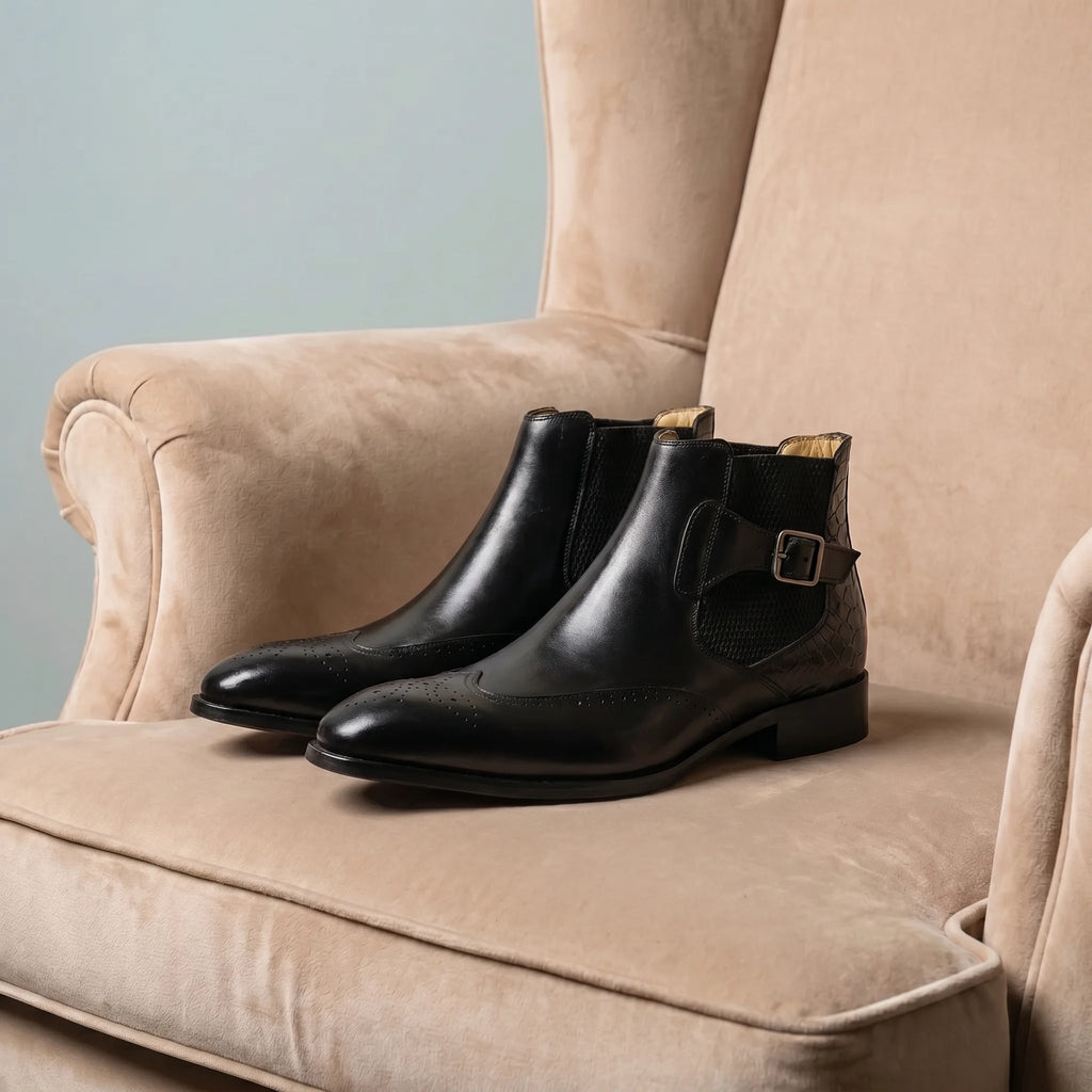 Cuiren Chelsea Monk Strap Brogue Boot - Black