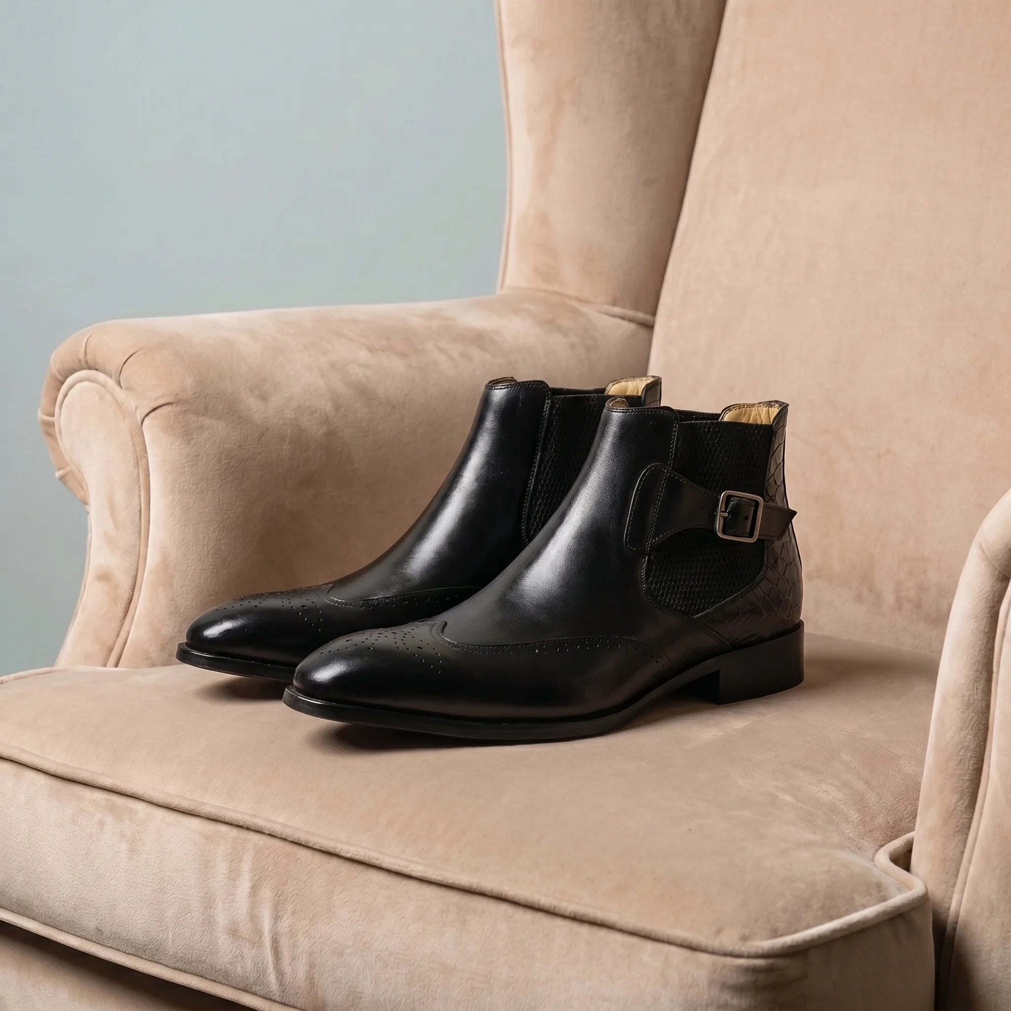 Cuiren Chelsea Monk Strap Brogue Boot - Black