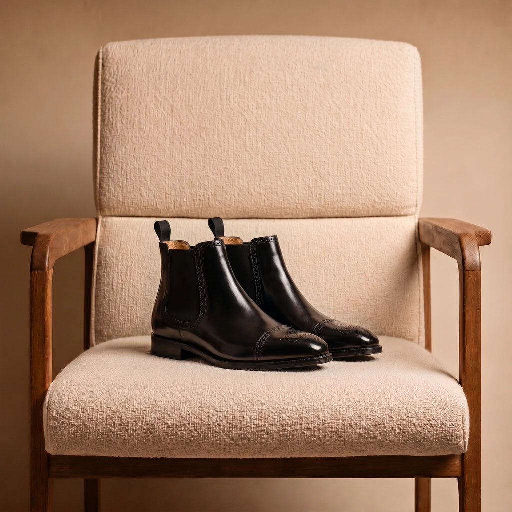 Handmade full-grain leather cap-toe Chelsea boot placed on an elegant and minimalist velvet chair