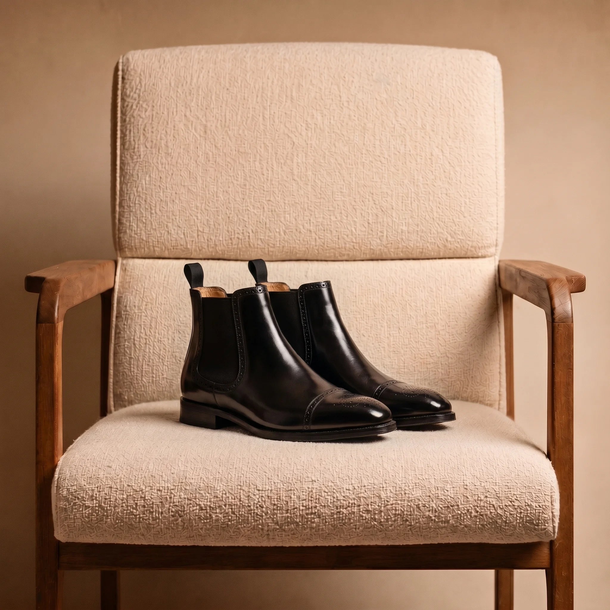Handmade full-grain leather cap-toe Chelsea boot placed on an elegant and minimalist velvet chair