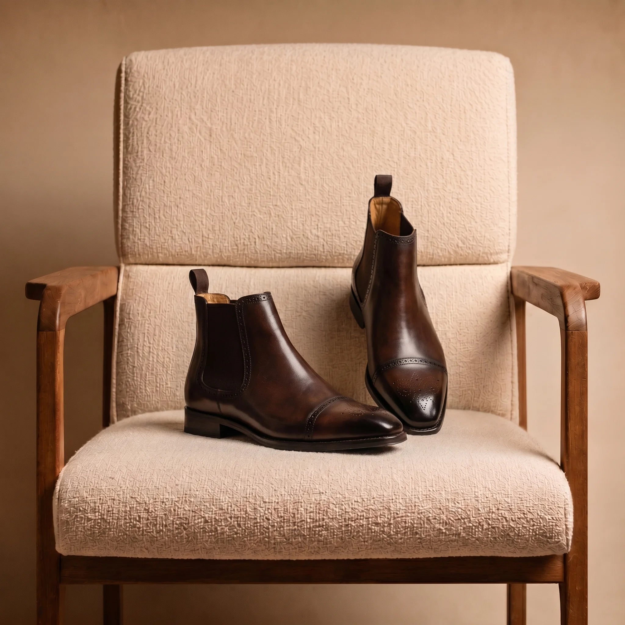 Handmade full-grain leather cap-toe Chelsea boot placed on an elegant and minimalist velvet chair