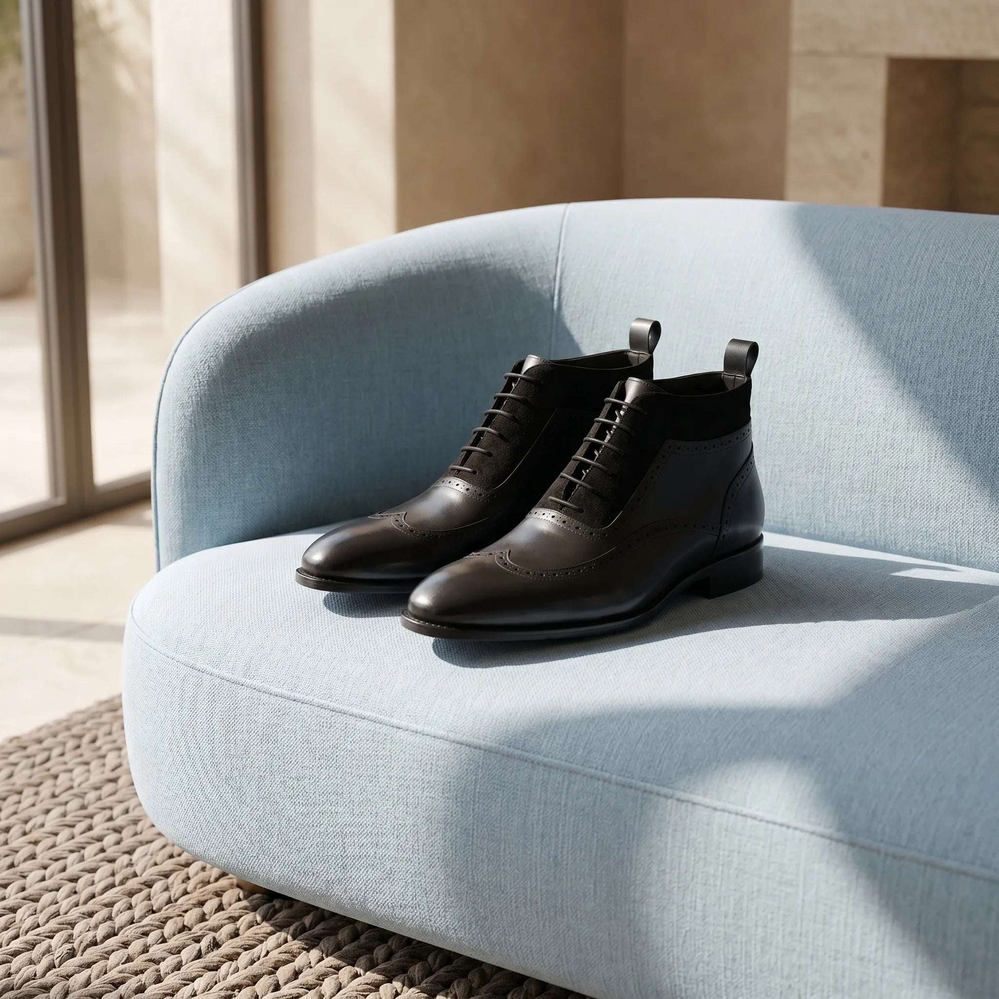 Handcrafted full-grain leather and suede brogue chukka boots placed on a blue sofa in an elegant, luxurious living room