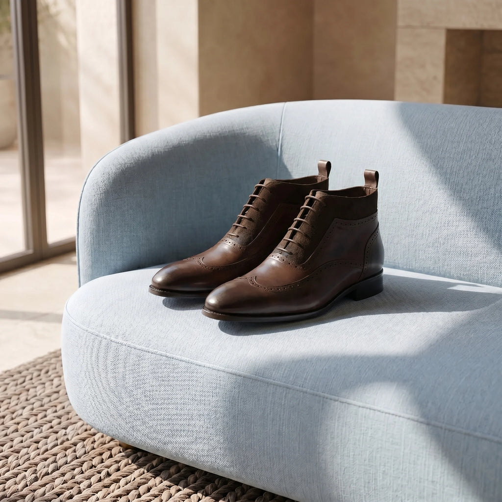 Handcrafted full-grain leather and suede brogue chukka boots placed on a blue sofa in an elegant, luxurious living room