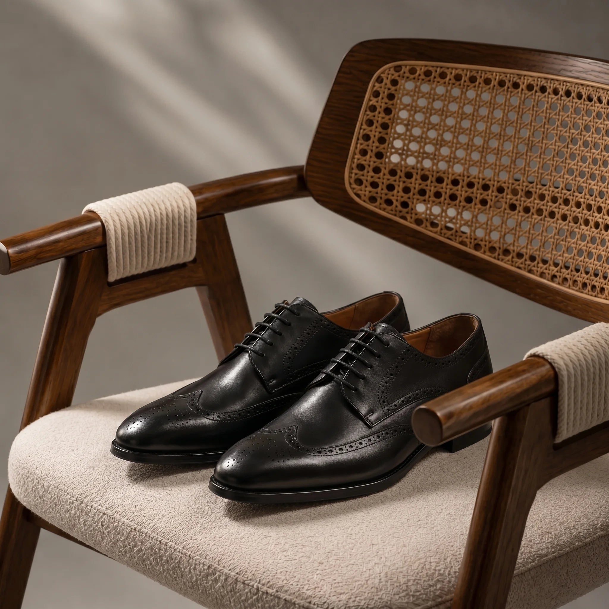 Handcrafted full-grain leather Derby brogues placed on a velvet chair in an elegant, luxurious room