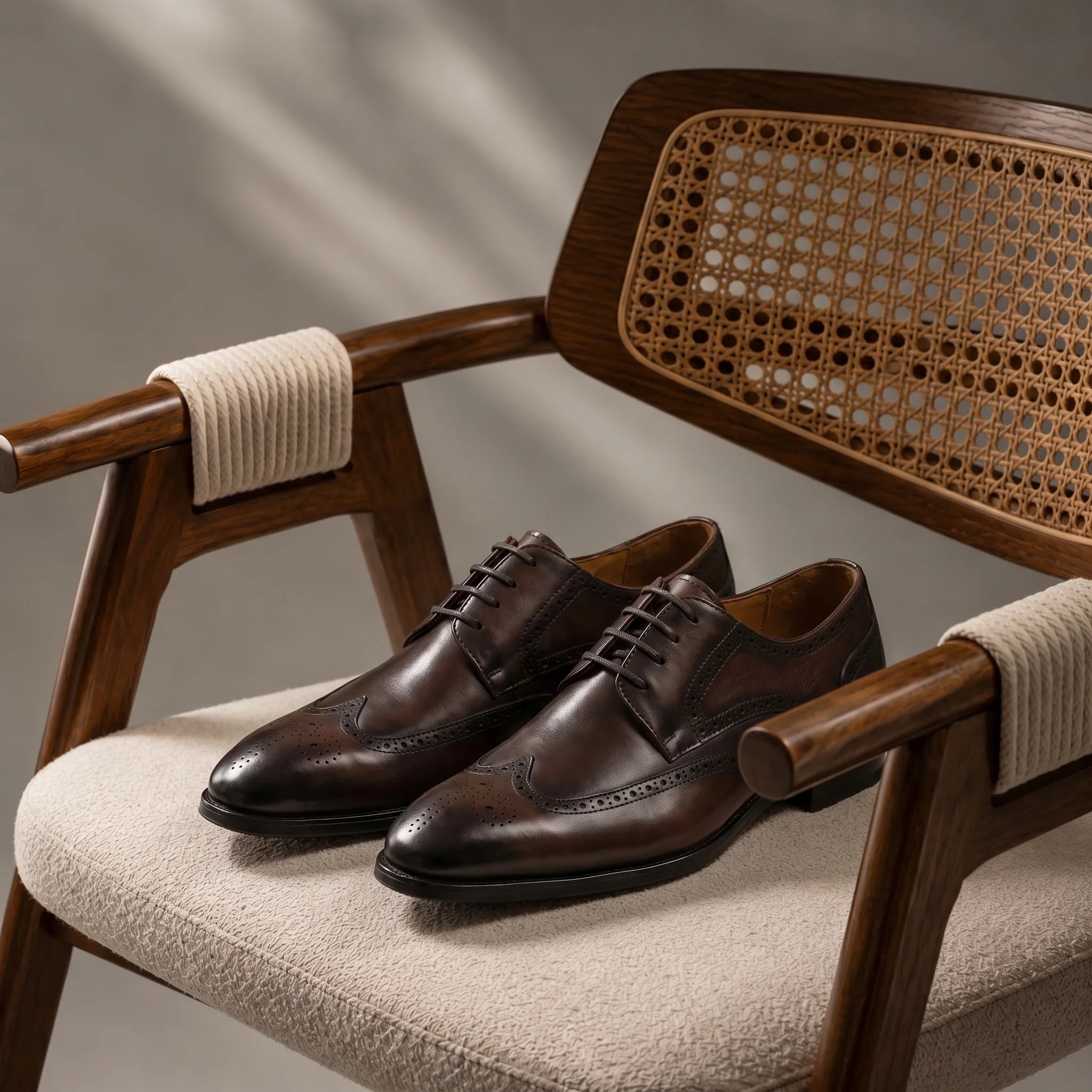 Handcrafted full-grain leather Derby brogues placed on a velvet chair in an elegant, luxurious room