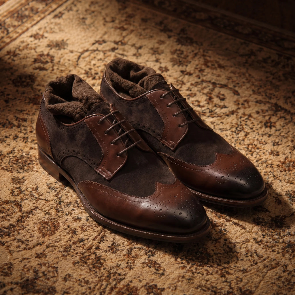Handmade derby brogue shoe in full grain leather and suede placed on a luxurious Persian rug