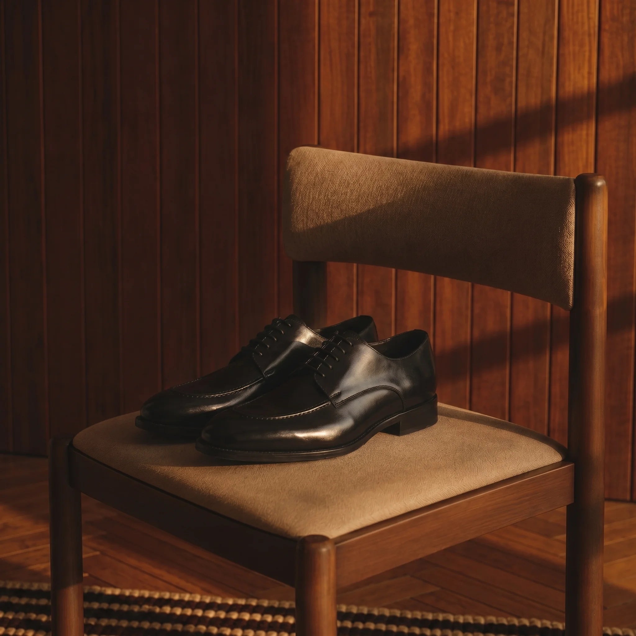Handmade classic derby shoe in full grain leather placed on an elegant chair.