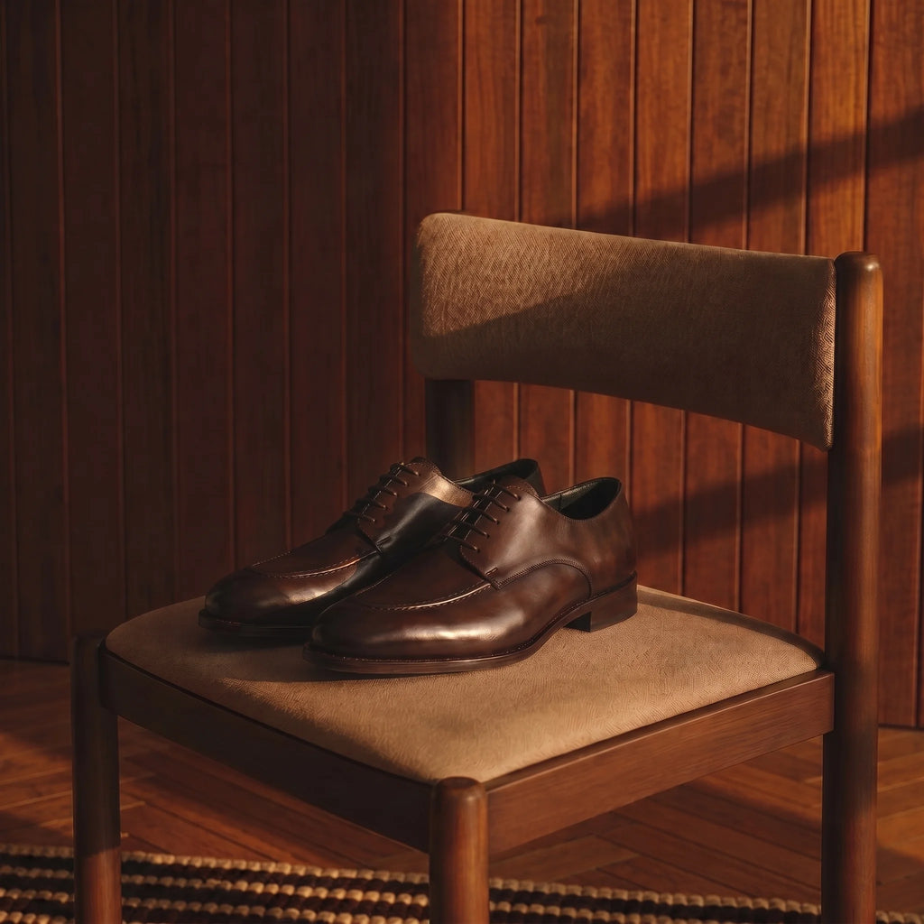 Handmade classic derby shoe in full grain leather placed on an elegant chair.
