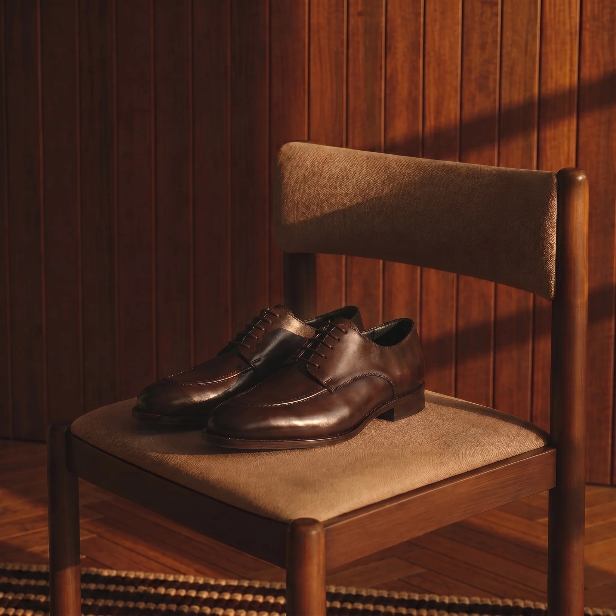 Handmade classic derby shoe in full grain leather placed on an elegant chair.