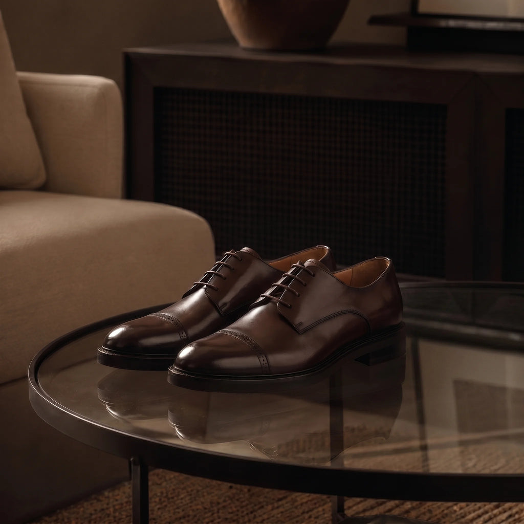 Handmade derby cap-toe shoe in full-grain leather placed on a glass table in a luxurious indoor setting.